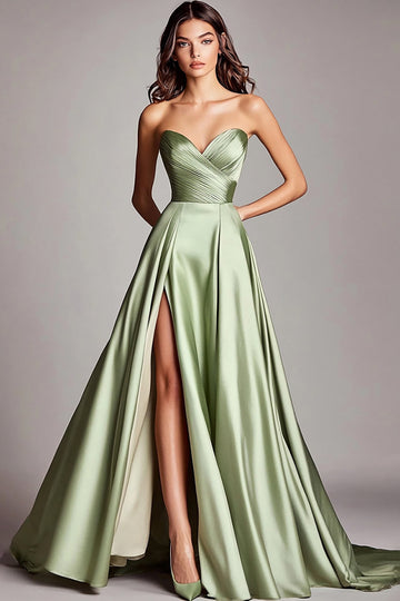 Dusty Sage Strapless A Line Ruched Satin Long Prom Dress with Slit